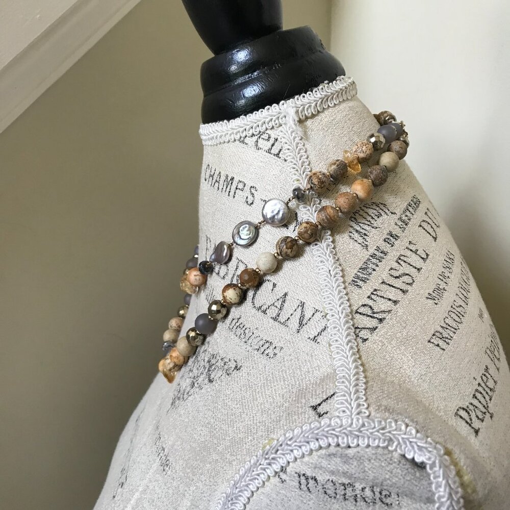 Chan Luu Sunstone Long Classic Beaded Necklace Womens Brown Tan Gold Beads Boho - Picture 8 of 13